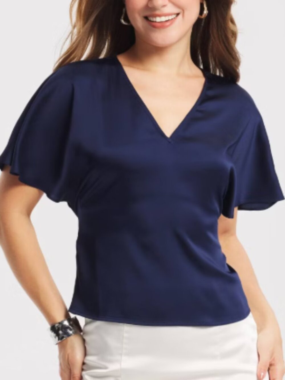 Women's Flutter Short Sleeve Tie-Back V-Neck Top - A New Day™ Navy Blue L